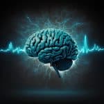 Human brain with electrocardiogram and thunderbolt on dark background