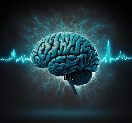 Human brain with electrocardiogram and thunderbolt on dark background