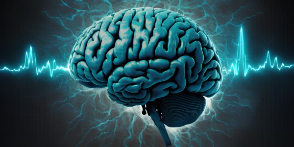 Human brain with electrocardiogram and thunderbolt on dark background