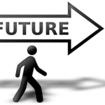 Graphic of a stylized person walking forward with a sign above them that says FUTURE and points forward.