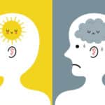 Cute human head in profile with sun and rain cloud inside. Good and bad mood, mental, emotional condition concept. illustrating chronic brain disease