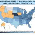 Map of the United States showing state-by-state declines or increases in the rolling average of monthly deaths due to drug overdose.