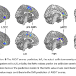 A series of eight composite images of fMRI brain scans showing the areas most affected by alcohol use disorder.