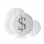 Photo of a white pill printed with a gray dollar sign, symbolic of the profit potential in the Opioid epidemic.