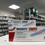 Box of Ozempic (Semaglutide) Weight Loss Drug 0.5mg and 0.25mg in a pharmacy.