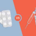 Illustration of oral pills versus syringe injection. Tablets in blister pack against liquid in syringe.
