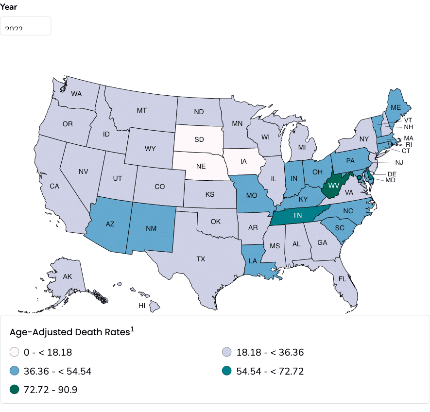 A CDC map of age-adjusted death rates in the U.S. by state.