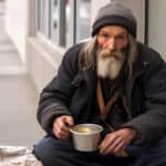 Photo of a homeless person sitting on the sidewalk drinking soup.