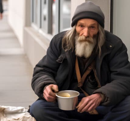 Photo of a homeless person sitting on the sidewalk drinking soup.