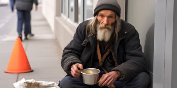 Photo of a homeless person sitting on the sidewalk drinking soup.