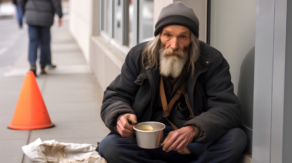 Photo of a homeless person sitting on the sidewalk drinking soup.