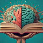 Illustration of a brain growing up out of a book, almost like a brain map.