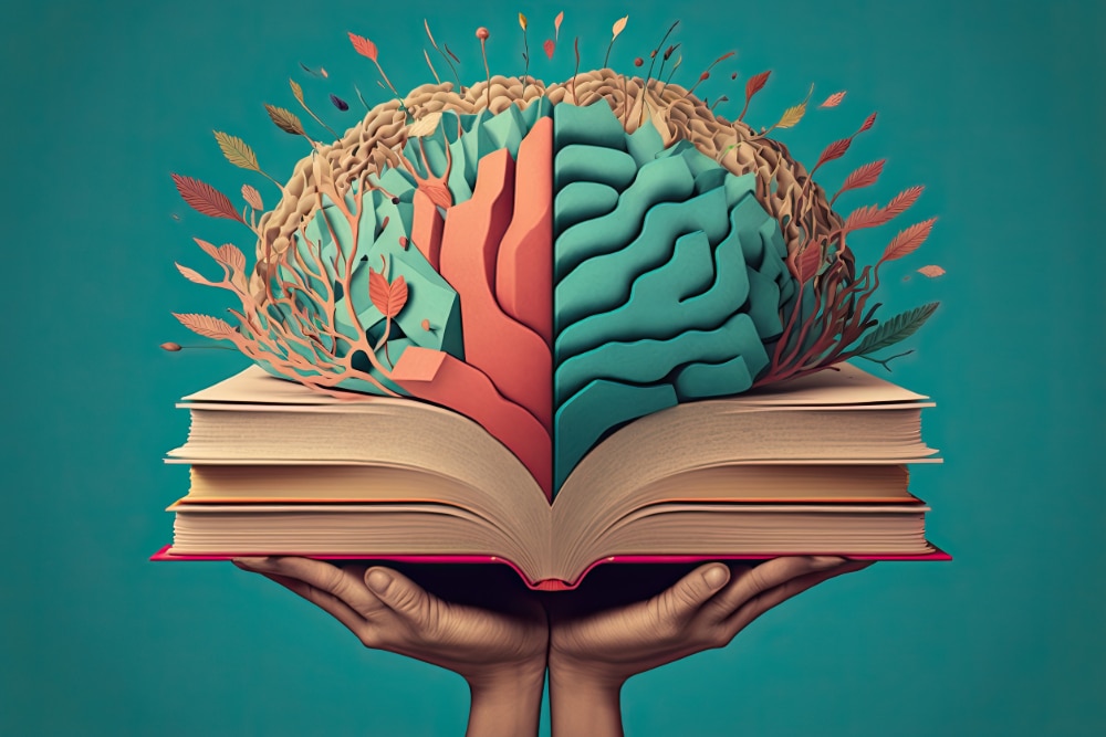 Illustration of a brain growing up out of a book, almost like a brain map.