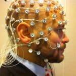 Subject ready for EEG recording at the phonetics lab, Stockholm University.
