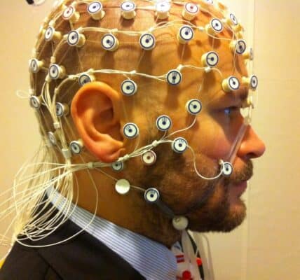 Subject ready for EEG recording at the phonetics lab, Stockholm University.