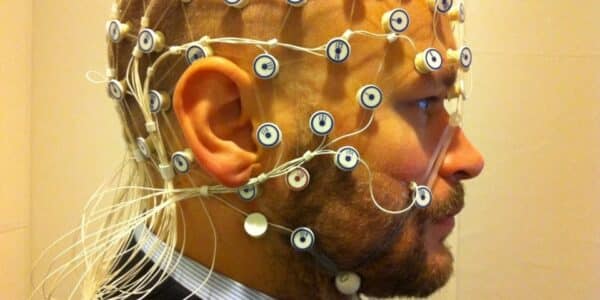 Subject ready for EEG recording at the phonetics lab, Stockholm University.