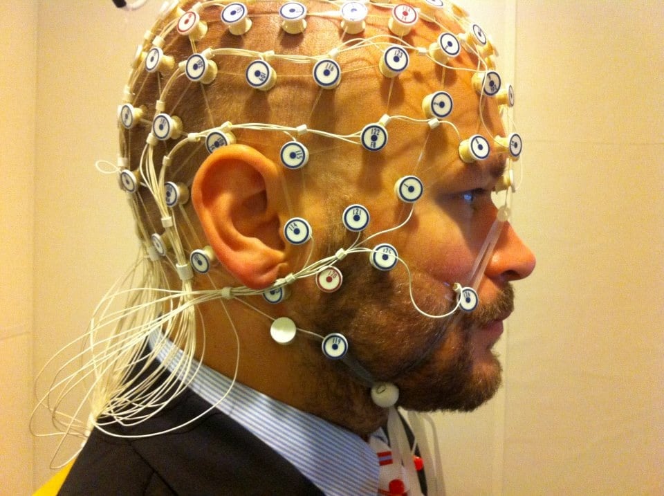 Subject ready for EEG recording at the phonetics lab, Stockholm University.