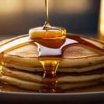 A stack of pancakes topped with maple syrup.