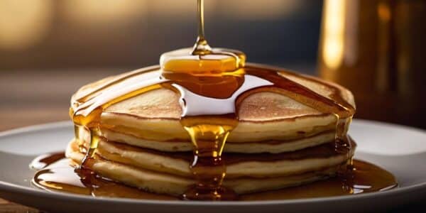 A stack of pancakes topped with maple syrup.