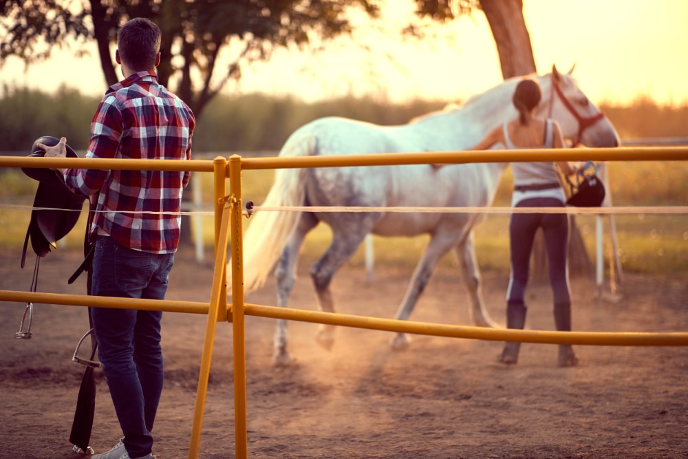 Photo of a woman and man training a horse at what could be an equine-assisted psychotherapy session for addiction recovery.