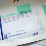 Photo of a Durogesic fentanyl patch manufactured by Johnson & Johnson.