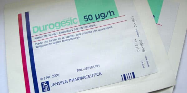 Photo of a Durogesic fentanyl patch manufactured by Johnson & Johnson.