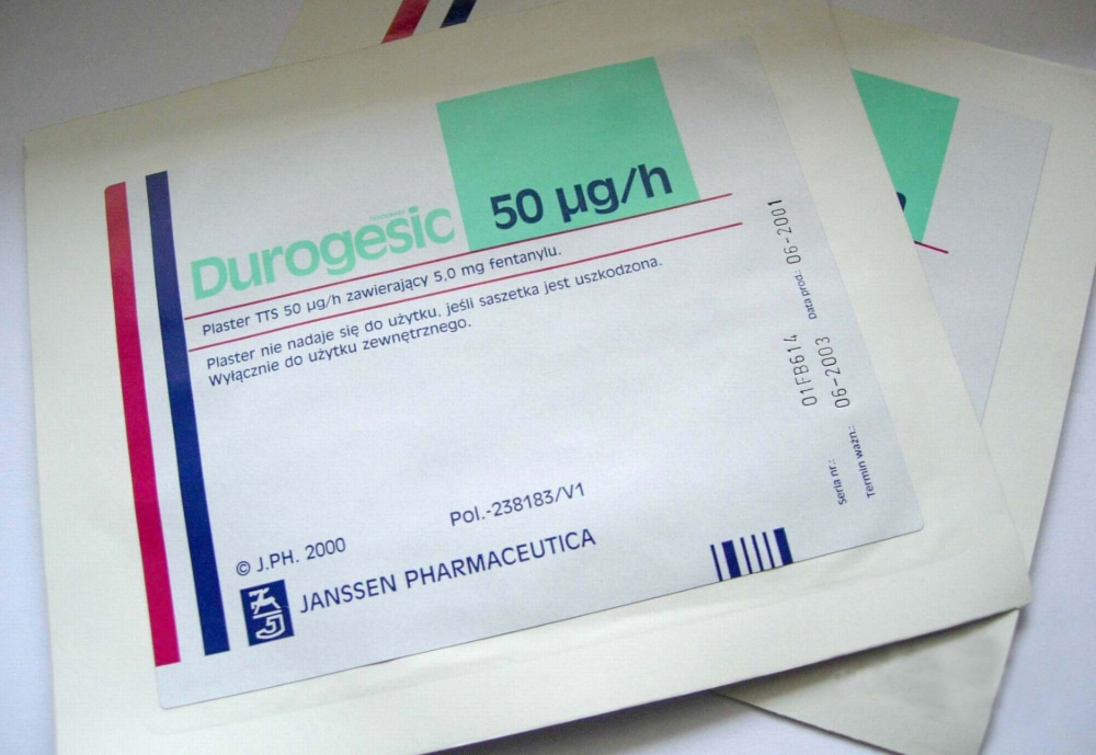 Photo of a Durogesic fentanyl patch manufactured by Johnson & Johnson.