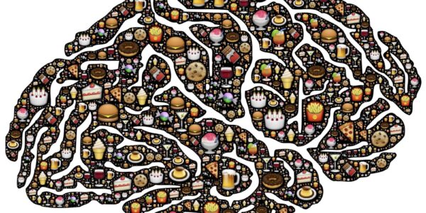 An illustration of a brain composed of images of junk food.