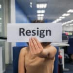 Photo of woman in an office holding up a sign with the word, "Resign."