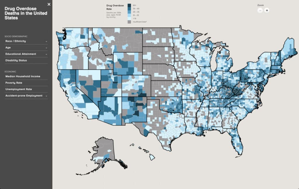 Graphic of the United States of America showing opioid overdose deaths by county.