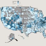 Graphic of the United States of America showing opioid overdose deaths by county.