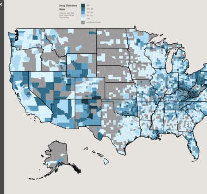 Graphic of the United States of America showing opioid overdose deaths by county.