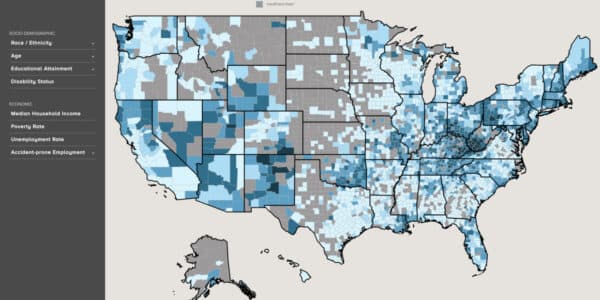 Graphic of the United States of America showing opioid overdose deaths by county.