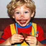 A kid with chocolate frosting smeared on his face.