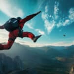 Photograph of a daring individual in a red suit jumping off a mountain indicative of the out of control free fall of gambling addiction.