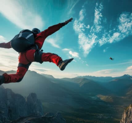 Photograph of a daring individual in a red suit jumping off a mountain indicative of the out of control free fall of gambling addiction.