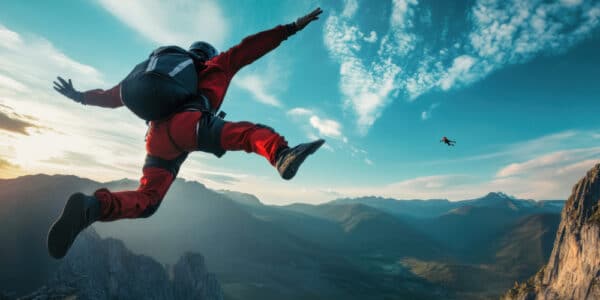 Photograph of a daring individual in a red suit jumping off a mountain indicative of the out of control free fall of gambling addiction.