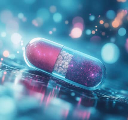 Photograph of an ingestible capsule capsule rests on a shiny surface, glowing with vibrant lights in a futuristic setting.