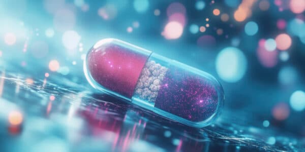 Photograph of an ingestible capsule capsule rests on a shiny surface, glowing with vibrant lights in a futuristic setting.