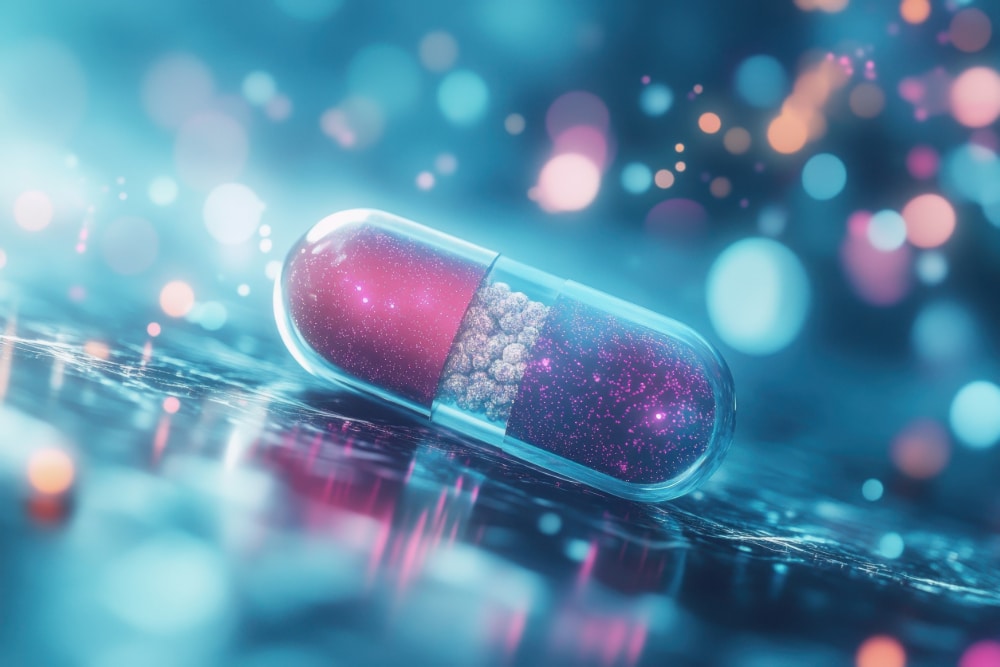 Photograph of an ingestible capsule capsule rests on a shiny surface, glowing with vibrant lights in a futuristic setting.