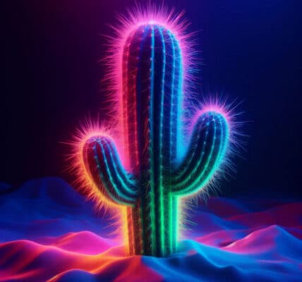 illustration of cactus with colorful neon lights on dark background is a metaphor for psychedelics research in Texas.