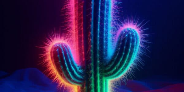 illustration of cactus with colorful neon lights on dark background is a metaphor for psychedelics research in Texas.