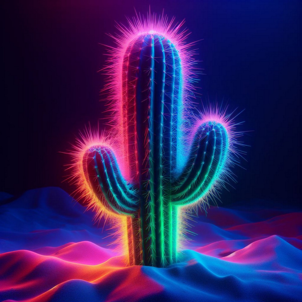 illustration of cactus with colorful neon lights on dark background is a metaphor for psychedelics research in Texas.