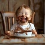 A toddler sitting at a table with his face smeared with chocolate.