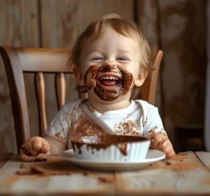A toddler sitting at a table with his face smeared with chocolate.
