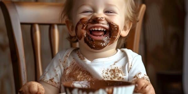 A toddler sitting at a table with his face smeared with chocolate.