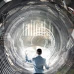Surreal illustration of a person manipulating and AI dashboard.