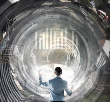 Surreal illustration of a person manipulating and AI dashboard.