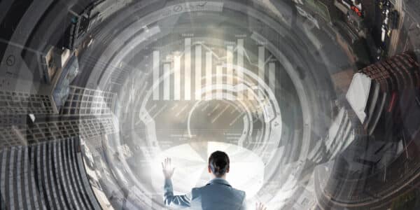Surreal illustration of a person manipulating and AI dashboard.