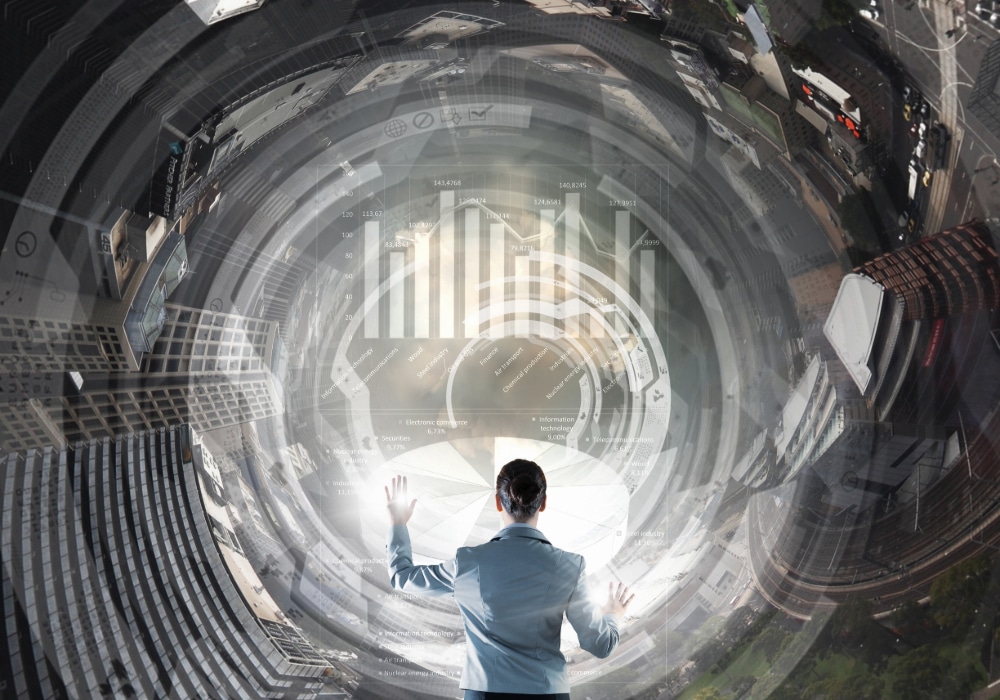 Surreal illustration of a person manipulating and AI dashboard.